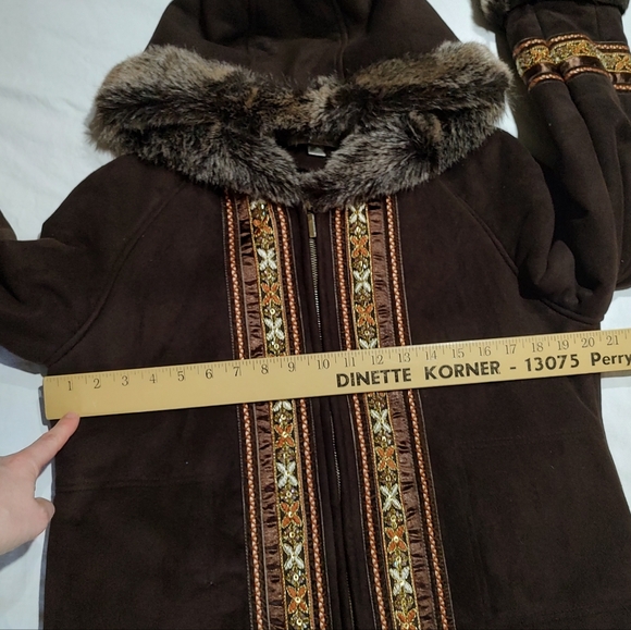 Coldwater Creek Brown Embroidered Boho Faux Suede Fur Lined Jacket Small - Picture 9 of 10